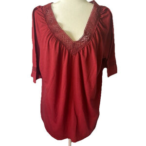 Indigo Rose Boho Crochet Lace V-Neck Blouse Red Plus Size 1X Flutter Sleeve